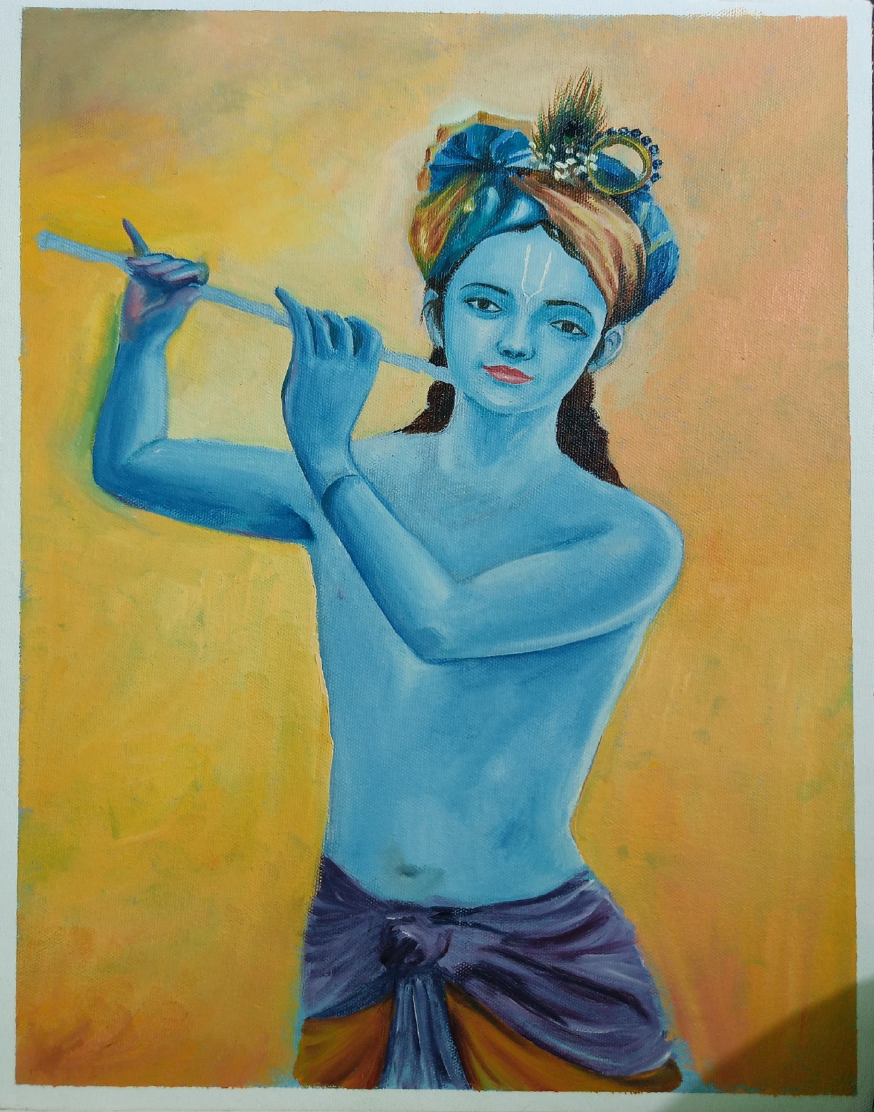 Oil painting of a flute player on a golden background, by Vidya Kathare